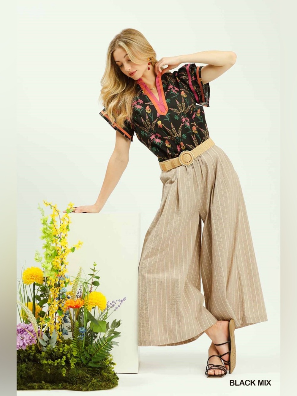 Umgee Mix Floral Print Blouse with Contrast Trim